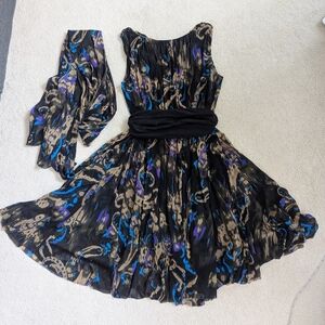 Black & Blue Patterned Midi Dress with Scarf • Elegant Print Dress